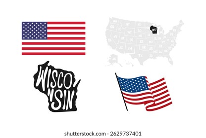 Wisconsin State. USA flag. Map of the USA