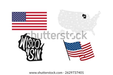 Wisconsin State. USA flag. Map of the USA