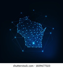 Esquema de silueta brillante del mapa de Estados Unidos de Wisconsin hecho de líneas de estrellas puntos triángulos, formas poligonales bajas. Comunicación, concepto de tecnologías de internet. Ilustración vectorial futurista de armazón alámbrico