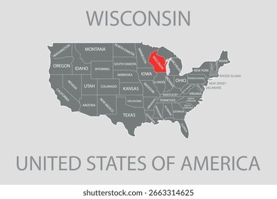 Estado de Wisconsin, EE.UU., mapa de Vector aislado en mapa de Estados Unidos. Mapa de Vector en blanco editable de EE.UU.