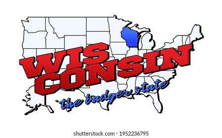 wisconsin state. Vector illustration with US wisconsin state on american map with lettering. Touristic Greeting Card