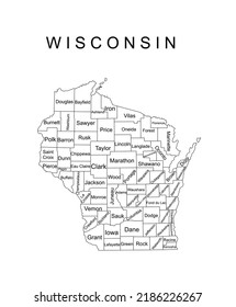 Wisconsin State vector map silhouette illustration isolated on white background. High detailed  illustration. United state of America country. Wisconsin line contour travel map with separated counties