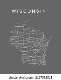 Wisconsin State vector map silhouette illustration isolated on gray background. High detailed  illustration. United state of America country. Wisconsin line contour map with separated counties.