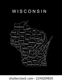 Wisconsin State vector map silhouette illustration isolated on black background. High detailed  illustration. United state of America country. Wisconsin line contour map with separated counties.