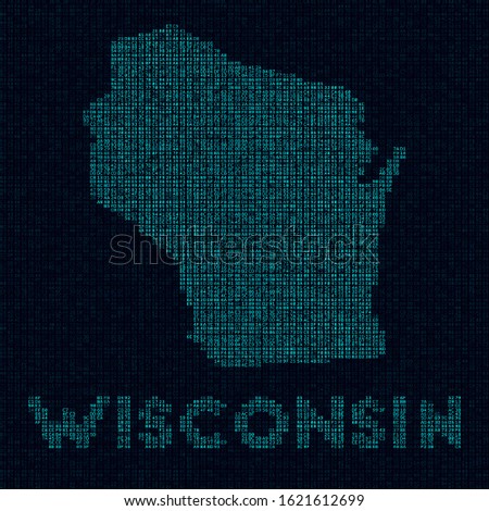 Wisconsin tech map. Us state symbol in digital style. Cyber map of Wisconsin with us state name. Authentic vector illustration.