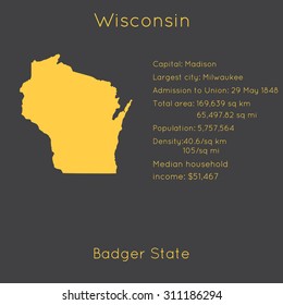 Wisconsin template with main information and map. Simple modern flat style. Vector EPS8