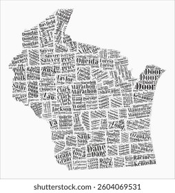Wisconsin Text Style Counties. State region names word clouds in English language. Amazing vector illustration.