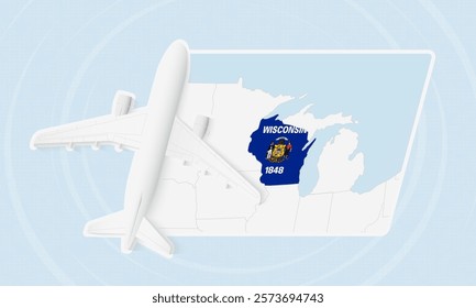 Wisconsin Travel Illustration with Plane and National Flag. Ideal for travel agencies, promotional materials, or geographic content related to Wisconsin.