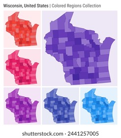 Wisconsin, United States. Map collection. State shape. Colored counties. Deep Purple, Red, Pink, Purple, Indigo, Blue color palettes. Border of Wisconsin with counties. Vector illustration.