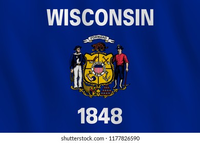 Wisconsin US state flag with waving effect, official proportion.