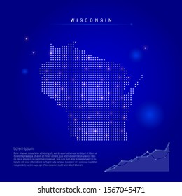 Wisconsin US state illuminated map with glowing dots. Infographics elements. Dark blue space background. Vector illustration. Growing chart, lorem ipsum text.