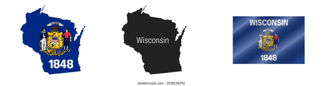 Wisconsin US state map with masked flag. Detailed silhouette. Waving flag. Vector illustration isolated on white.