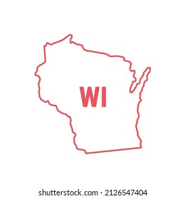 Wisconsin US state map red outline border. Vector illustration isolated on white. Two-letter state abbreviation. Editable stroke. Adjust line weight.