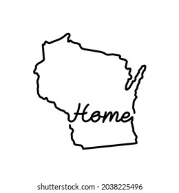 Mapa de esquema del estado de Wisconsin en EE. UU. con la palabra HOME escrita a mano. Dibujo continuo de la línea del signo patriótico del hogar. Un amor por una pequeña patria. La idea de la decoración interior Ilustración vectorial.