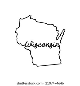 Wisconsin US state outline map with the handwritten state name. Continuous line drawing of patriotic home sign. A love for a small homeland. T-shirt print idea. Vector illustration.