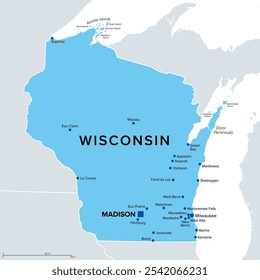 Wisconsin, U.S. state, political map. State in the Great Lakes region of upper Midwestern United States, with capital Madison, metropolitan area Milwaukee. The Badger State and America's Dairyland.