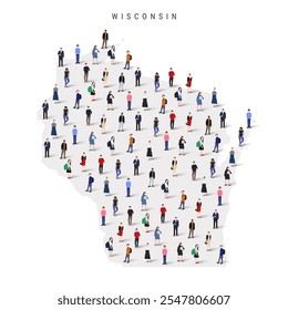 Wisconsin US state population map. Large group of realistic a diverse crowd of people figures. Flat vector illustration isolated on white.