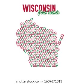 Wisconsin US state realty creative concept. Icons of houses with gardens in the shape of a map of Wisconsin. Vector illustration.