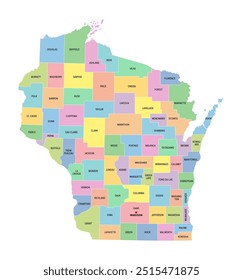 Wisconsin, estado americano, subdividido em 72 condados, mapa político multicolorido com a capital Madison, fronteiras e nomes de condados. Estado na região dos Grandes Lagos no Meio-Oeste Superior dos Estados Unidos.