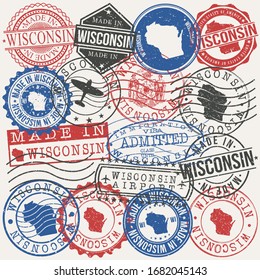 Wisconsin, USA Set of Stamps. Travel Passport Stamps. Made In Product. Design Seals in Old Style Insignia. Icon Clip Art Vector Collection.