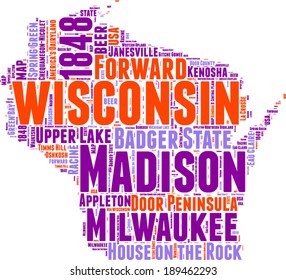 Wisconsin USA state map tag cloud vector illustration