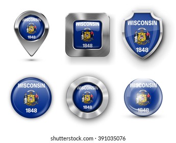 Wisconsin USA State Metal and Glass Flag Badges, Buttons, Map marker pin and Shields. Vector illustrations