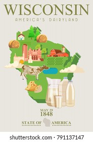 Wisconsin vector illustration. American dairy country. Travel postcard. 