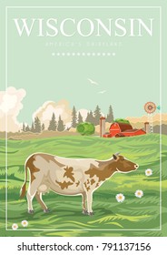 Wisconsin vector illustration. American dairy country. Travel postcard. 