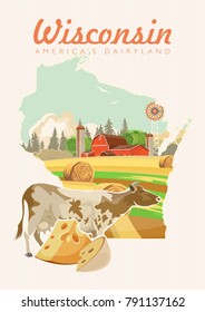 Wisconsin vector illustration. American dairy country. Travel postcard. 