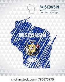Wisconsin vector map with flag inside isolated on a white background. Sketch chalk hand drawn illustration
