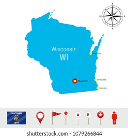 Wisconsin Vector Map Isolated on White Background. High Detailed Silhouette of Wisconsin State. Vector Flag of Wisconsin. 3D Map Markers or Pointers, Navigation Elements. Rose of Wind or Compass Icon