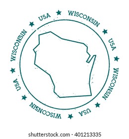Wisconsin vector map. Retro vintage insignia with US state map. Distressed visa stamp with Wisconsin text wrapped around a circle and stars. USA state map vector illustration.