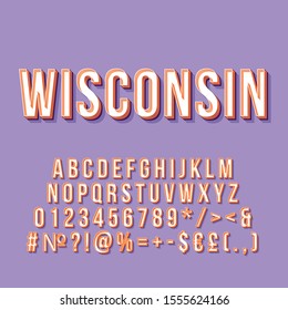 Wisconsin vintage 3d vector lettering. Retro bold font, typeface. Pop art stylized text. Old school style letters numbers, symbols pack. 90s, 80s poster typography design. Lavender color background
