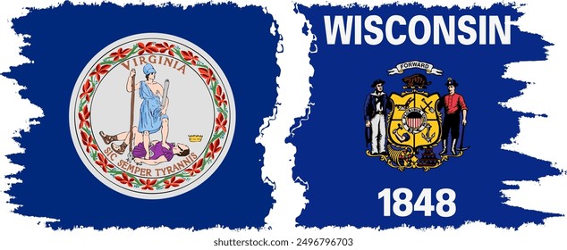 Wisconsin and Virginia states grunge brush flags connection, vector