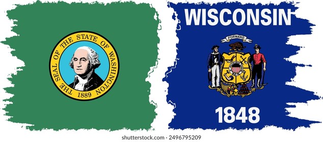 Wisconsin and Washington states grunge brush flags connection, vector