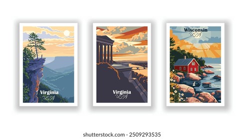 Wisconsin, Washington, Virginia - Afiche de viaje de Antiguas. Ilustración vectorial. 