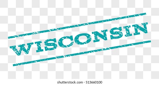 Wisconsin watermark stamp. Text caption between parallel lines with grunge design style. Rubber seal stamp with dust texture. Vector cyan color ink imprint on a chess transparent background.