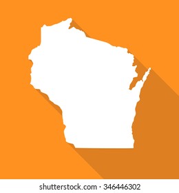 Wisconsin white map,border flat simple style with long shadow on orange background