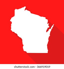 Wisconsin white map,border flat simple style with long shadow on red background