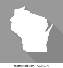 Wisconsin white map,border flat simple style with long shadow on grey background