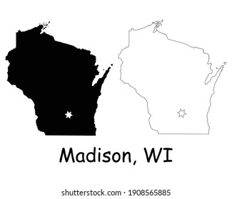 Wisconsin WI state Map USA with Capital City Star at Madison. Black silhouette and outline isolated maps on a white background. EPS Vector
