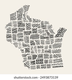 Wisconsin Word Cloud. State with counties division. Wisconsin typographic text clouds vector image design. Vintage gazette style state shape image. Vibrant vector illustration.