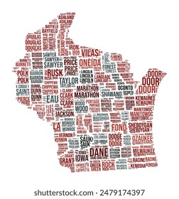 Nube de palabras de Wisconsin. Forma de estado con división de condado. Imagen de estilo tipográfico de Wisconsin. Los nombres de los condados etiquetan nubes. Ilustración vectorial.