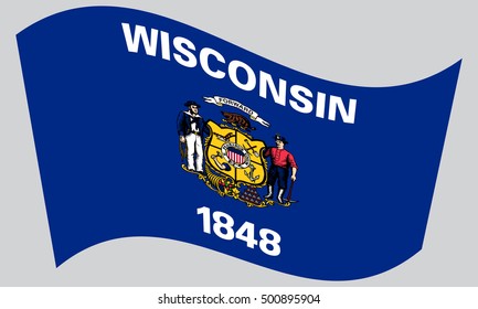Wisconsinite official flag, symbol. American patriotic element. USA banner. United States of America background. Flag of the US state of Wisconsin waving on gray background, vector