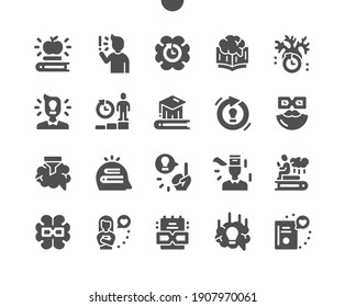 Wisdom. Acquiring knowledge and education. Experience. Smart thinking. Favorite literature. Development of intelligence. Study, school, university and college. Vector Solid Icons. Simple Pictogram