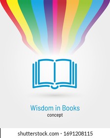 Wisdom in Books - Vector Line Art Icon, Sign, Symbol, Pictogram Showing Open Book Radiating Colorful Spectrum or Rainbow of Colors. Vector Symbolic Concept.