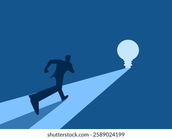 Wisdom, Businessman running towards light bulb door.