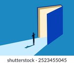 Wisdom. Businessman standing on the big open book door 