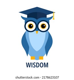 Ilustración vectorial del concepto de sabiduría. Lechuza con sombrero de graduación en diseño plano sobre fondo blanco.