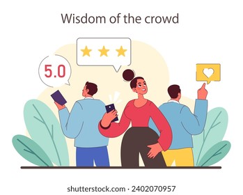 Wisdom of the crowd concept. Collective opinion shaping through star ratings and social media likes. Community-driven quality assessment. Flat vector illustration.